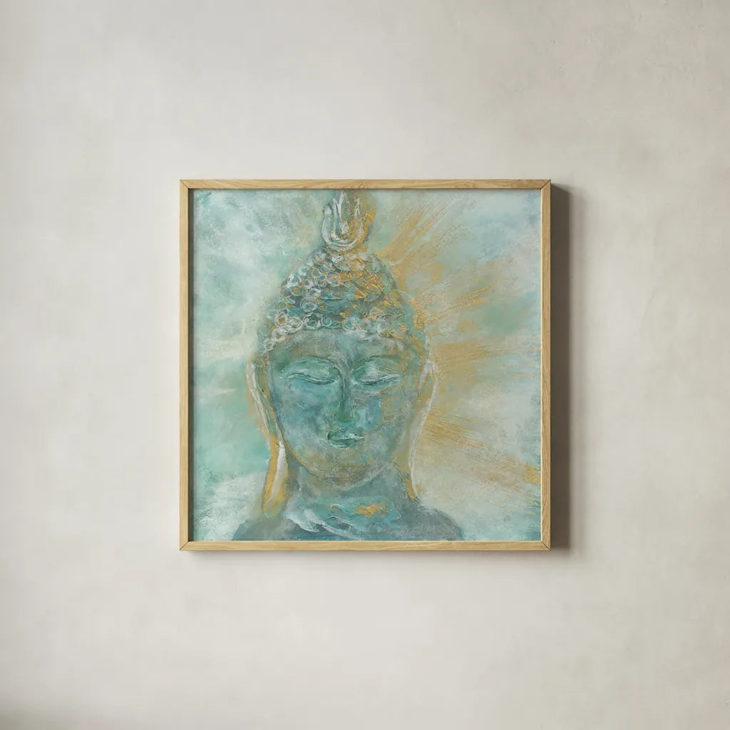 Buddha Bright II by Chris Paschke. Shown in a natural wood glass frame for a timeless modern aesthetic. Available as an archival giclee rolled canvas, fine art paper, or poster print. SKU 48023a.
