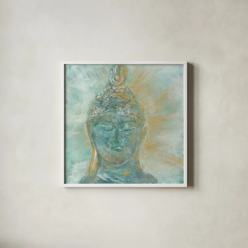 Buddha Bright II by Chris Paschke. Shown in a crisp white glass frame for a clean and minimalist style. Available as an archival giclee rolled canvas, fine art paper, or poster print. SKU 48023a.