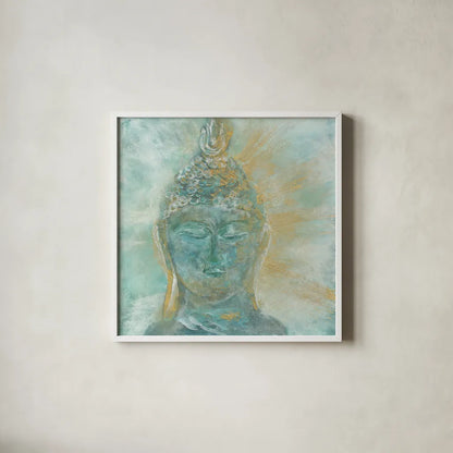Buddha Bright II by Chris Paschke. Shown in a crisp white glass frame for a clean and minimalist style. Available as an archival giclee rolled canvas, fine art paper, or poster print. SKU 48023a.