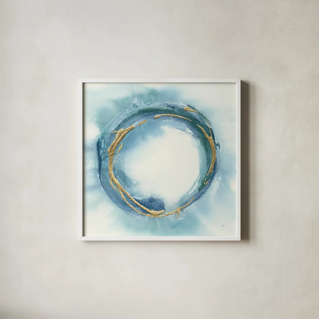 Buddha Enso by Chris Paschke. Shown in a crisp white glass frame for a clean and minimalist style. Available as an archival giclee rolled canvas, fine art paper, or poster print. SKU 48029a.