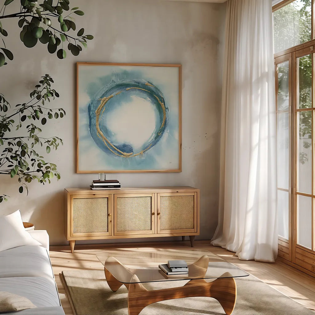 Buddha Enso by Chris Paschke. Shown in a natural wood frame in a cozy modern living room. Available as an archival giclee rolled canvas, fine art paper, or poster print. SKU 48029a.