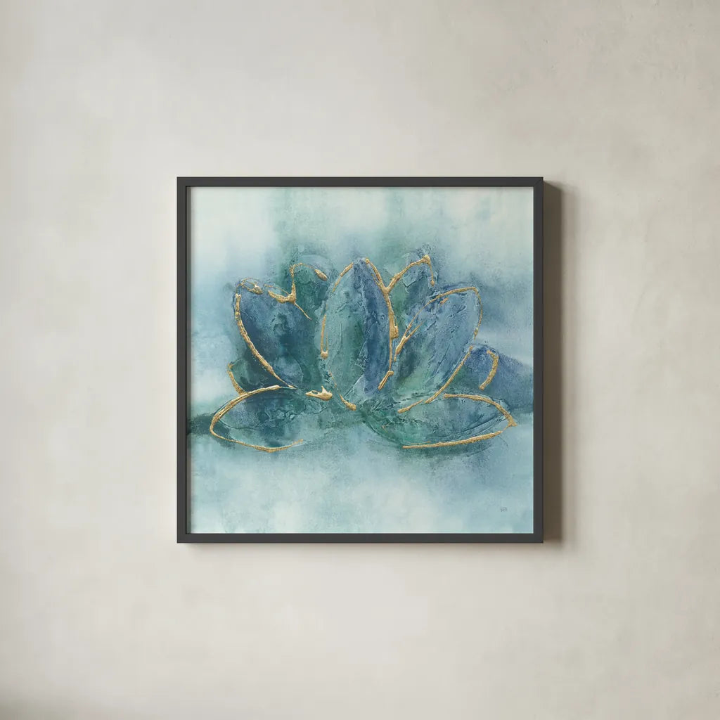 Buddha Lotus by Chris Paschke. Shown in a sleek black glass frame for a contemporary gallery look. Available as an archival giclee rolled canvas, fine art paper, or poster print. SKU 48028a.