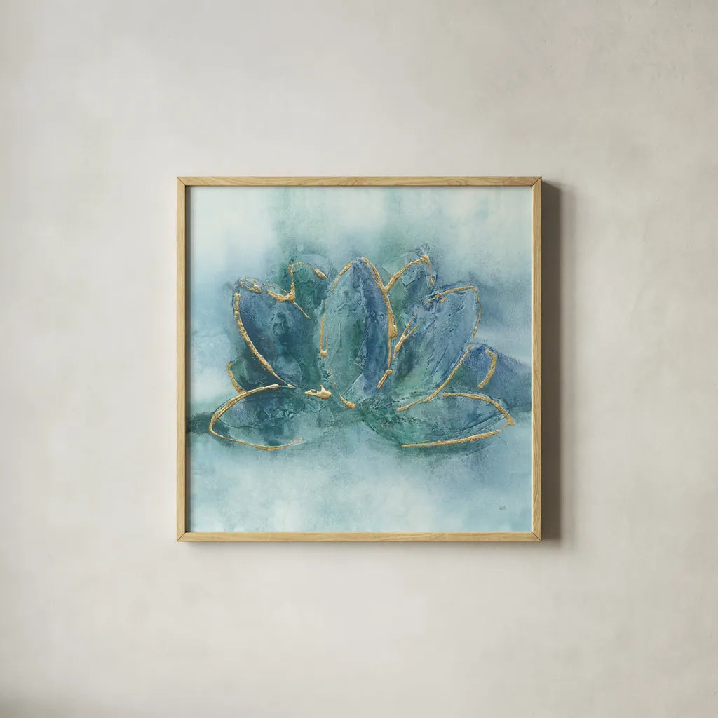 Buddha Lotus by Chris Paschke. Shown in a natural wood glass frame for a timeless modern aesthetic. Available as an archival giclee rolled canvas, fine art paper, or poster print. SKU 48028a.