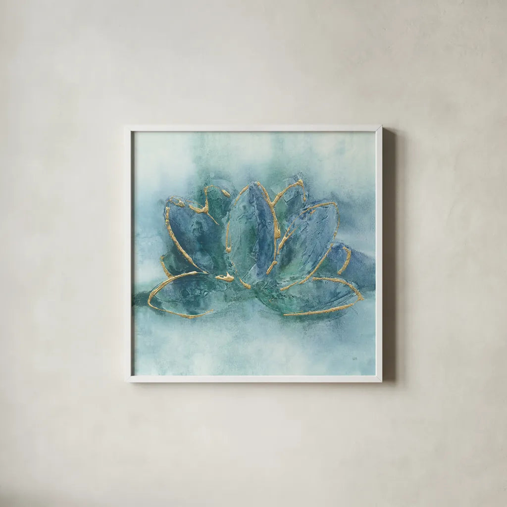 Buddha Lotus by Chris Paschke. Shown in a crisp white glass frame for a clean and minimalist style. Available as an archival giclee rolled canvas, fine art paper, or poster print. SKU 48028a.