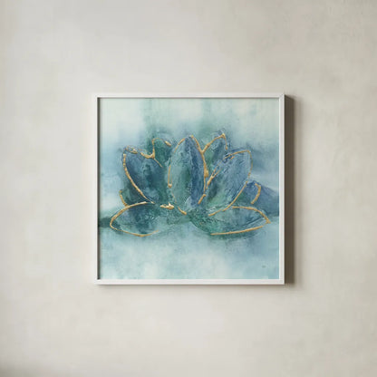 Buddha Lotus by Chris Paschke. Shown in a crisp white glass frame for a clean and minimalist style. Available as an archival giclee rolled canvas, fine art paper, or poster print. SKU 48028a.