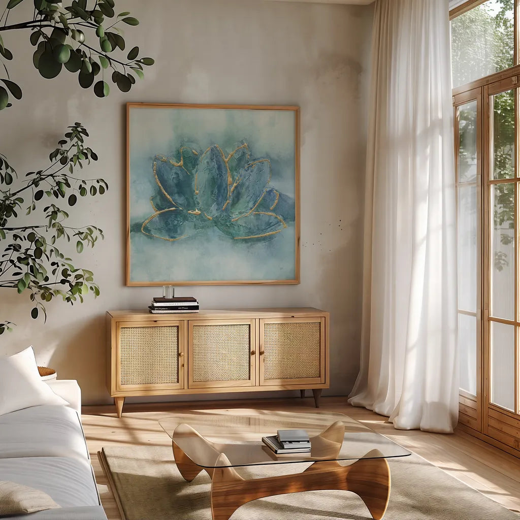 Buddha Lotus by Chris Paschke. Shown in a natural wood frame in a cozy modern living room. Available as an archival giclee rolled canvas, fine art paper, or poster print. SKU 48028a.