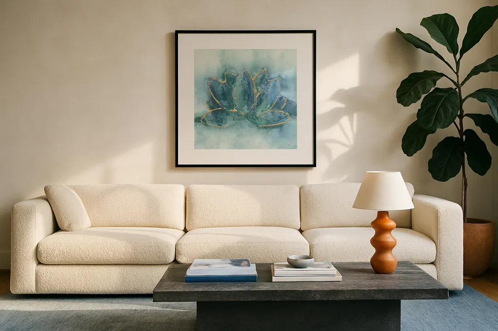 Buddha Lotus by Chris Paschke. Displayed in a glass frame with matte in a clean modern living room. Available as an archival giclee rolled canvas, fine art paper, or poster print. SKU 48028a.