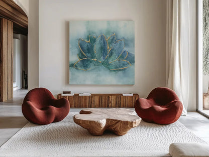 Buddha Lotus by Chris Paschke. Shown as extra-large giant wall art in a modern living room. Available as an archival giclee rolled canvas, fine art paper, or poster print. SKU 48028a.