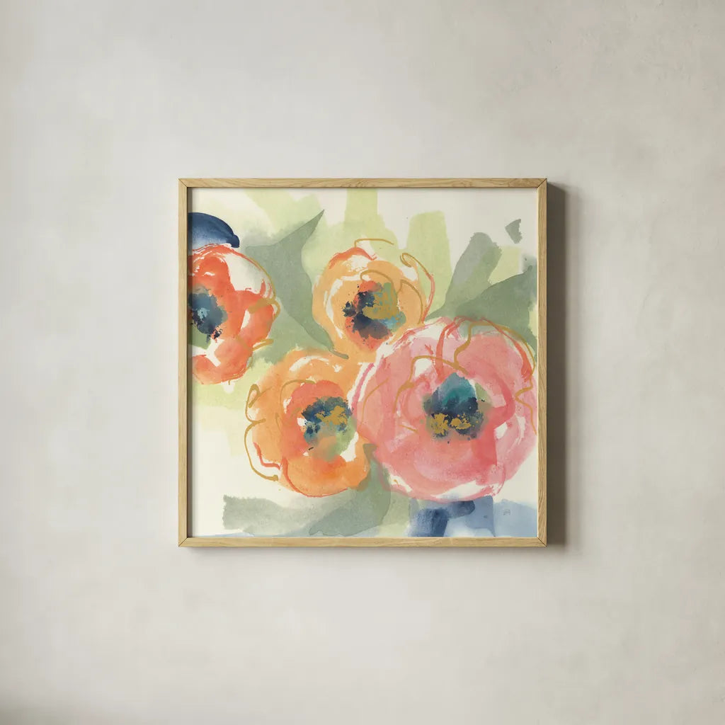 Buttercup I by Chris Paschke. Shown in a natural wood glass frame for a timeless modern aesthetic. Available as an archival giclee rolled canvas, fine art paper, or poster print. SKU 45470a.