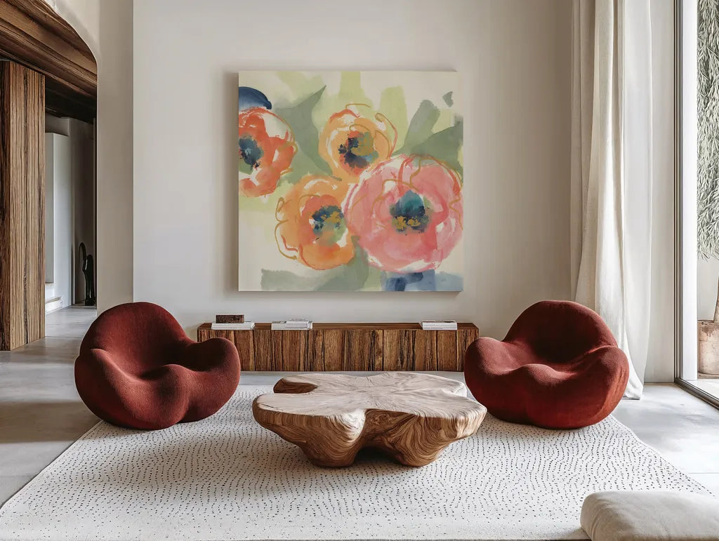 Buttercup I by Chris Paschke. Shown as extra-large giant wall art in a modern living room. Available as an archival giclee rolled canvas, fine art paper, or poster print. SKU 45470a.