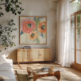 Buttercup II by Chris Paschke. Shown in a natural wood frame in a cozy modern living room. Available as an archival giclee rolled canvas, fine art paper, or poster print. SKU 45471a.