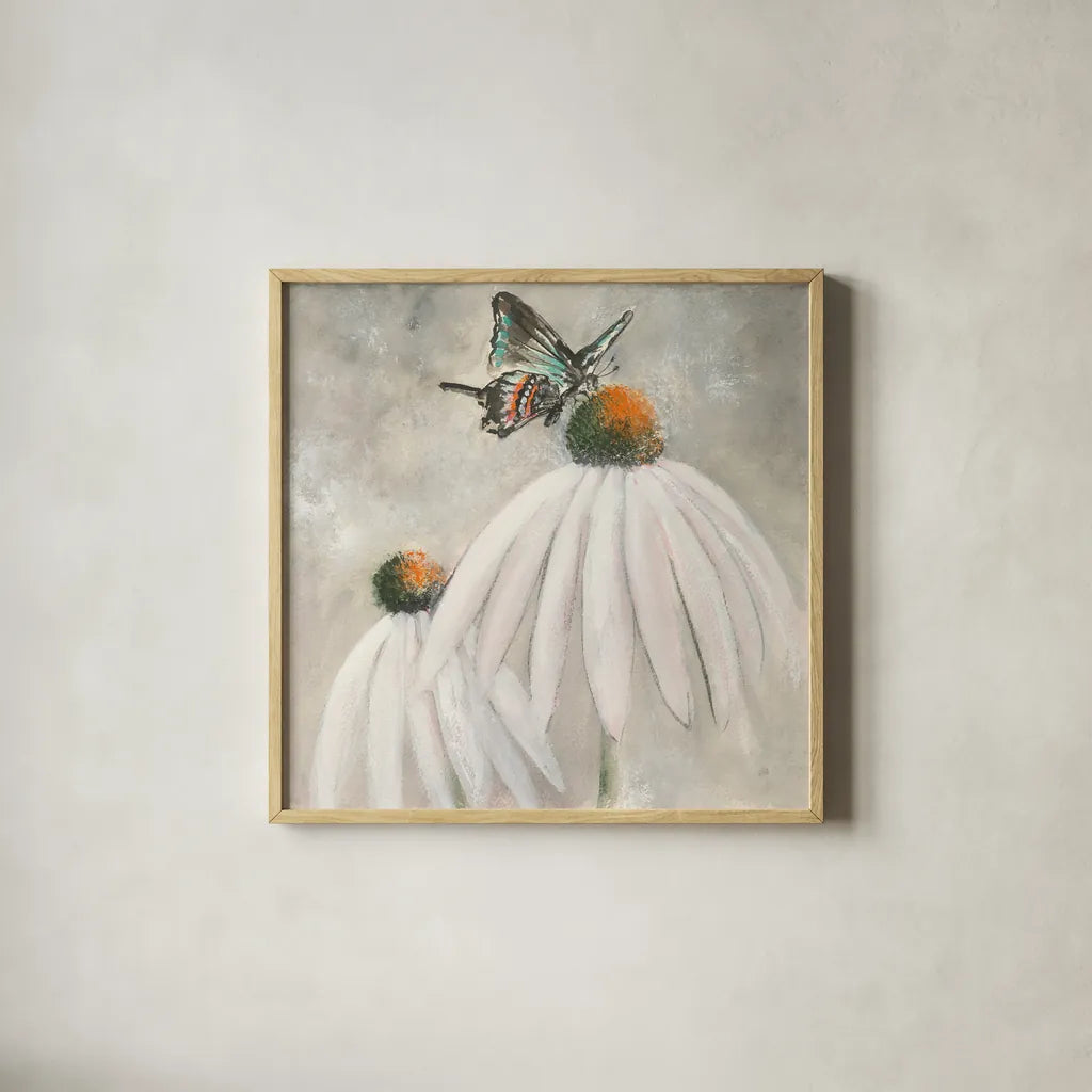 Butterflies are Free I by Chris Paschke. Shown in a natural wood glass frame for a timeless modern aesthetic. Available as an archival giclee rolled canvas, fine art paper, or poster print. SKU 48036a.