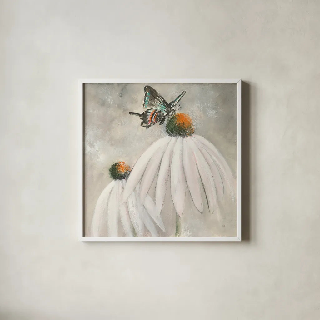 Butterflies are Free I by Chris Paschke. Shown in a crisp white glass frame for a clean and minimalist style. Available as an archival giclee rolled canvas, fine art paper, or poster print. SKU 48036a.