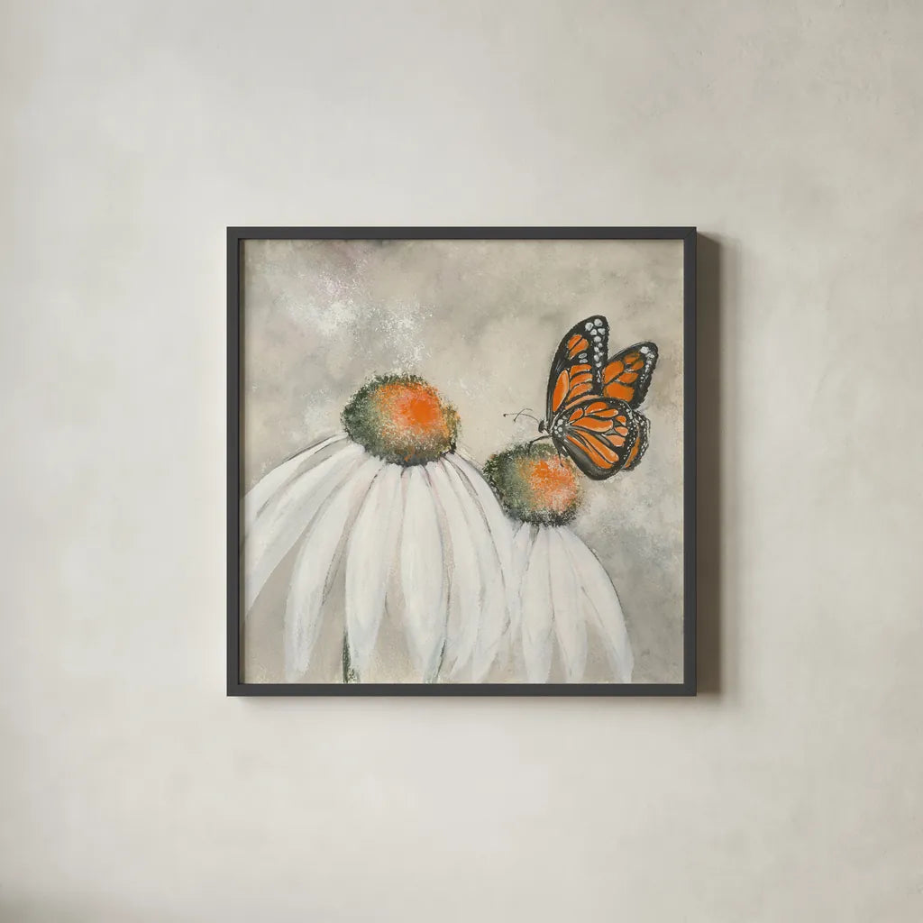 Butterflies are Free II by Chris Paschke. Shown in a sleek black glass frame for a contemporary gallery look. Available as an archival giclee rolled canvas, fine art paper, or poster print. SKU 48037a.