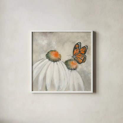 Butterflies are Free II by Chris Paschke. Shown in a crisp white glass frame for a clean and minimalist style. Available as an archival giclee rolled canvas, fine art paper, or poster print. SKU 48037a.