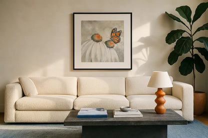 Butterflies are Free II by Chris Paschke. Displayed in a glass frame with matte in a clean modern living room. Available as an archival giclee rolled canvas, fine art paper, or poster print. SKU 48037a.