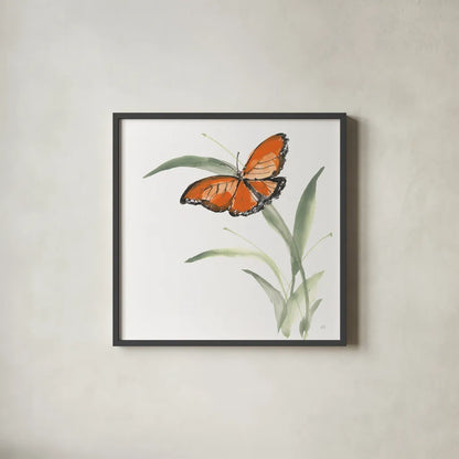 Butterfly Orange I by Chris Paschke. Shown in a sleek black glass frame for a contemporary gallery look. Available as an archival giclee rolled canvas, fine art paper, or poster print. SKU 100068a.