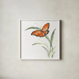 Butterfly Orange I by Chris Paschke. Shown in a crisp white glass frame for a clean and minimalist style. Available as an archival giclee rolled canvas, fine art paper, or poster print. SKU 100068a.