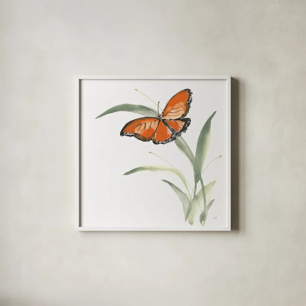 Butterfly Orange I by Chris Paschke. Shown in a crisp white glass frame for a clean and minimalist style. Available as an archival giclee rolled canvas, fine art paper, or poster print. SKU 100068a.