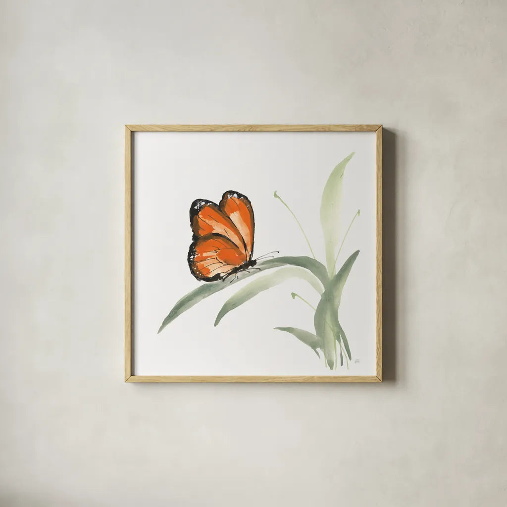 Butterfly Orange II by Chris Paschke. Shown in a natural wood glass frame for a timeless modern aesthetic. Available as an archival giclee rolled canvas, fine art paper, or poster print. SKU 100069a.