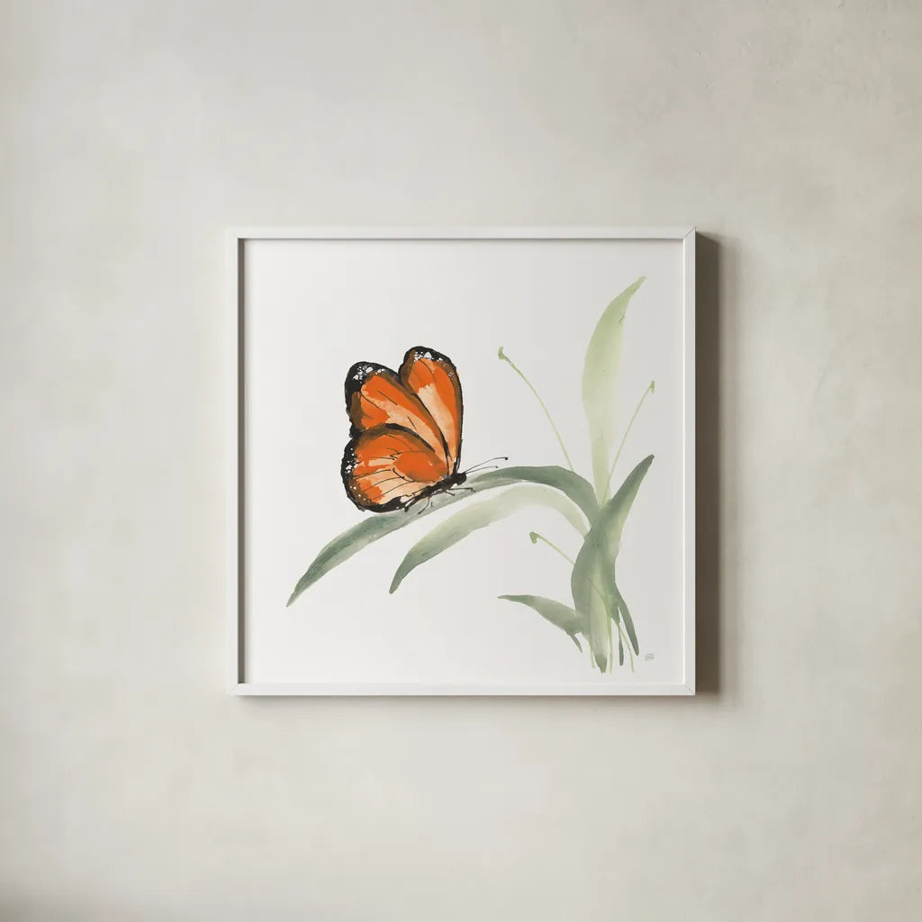 Butterfly Orange II by Chris Paschke. Shown in a crisp white glass frame for a clean and minimalist style. Available as an archival giclee rolled canvas, fine art paper, or poster print. SKU 100069a.
