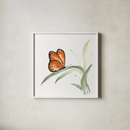 Butterfly Orange II by Chris Paschke. Shown in a crisp white glass frame for a clean and minimalist style. Available as an archival giclee rolled canvas, fine art paper, or poster print. SKU 100069a.