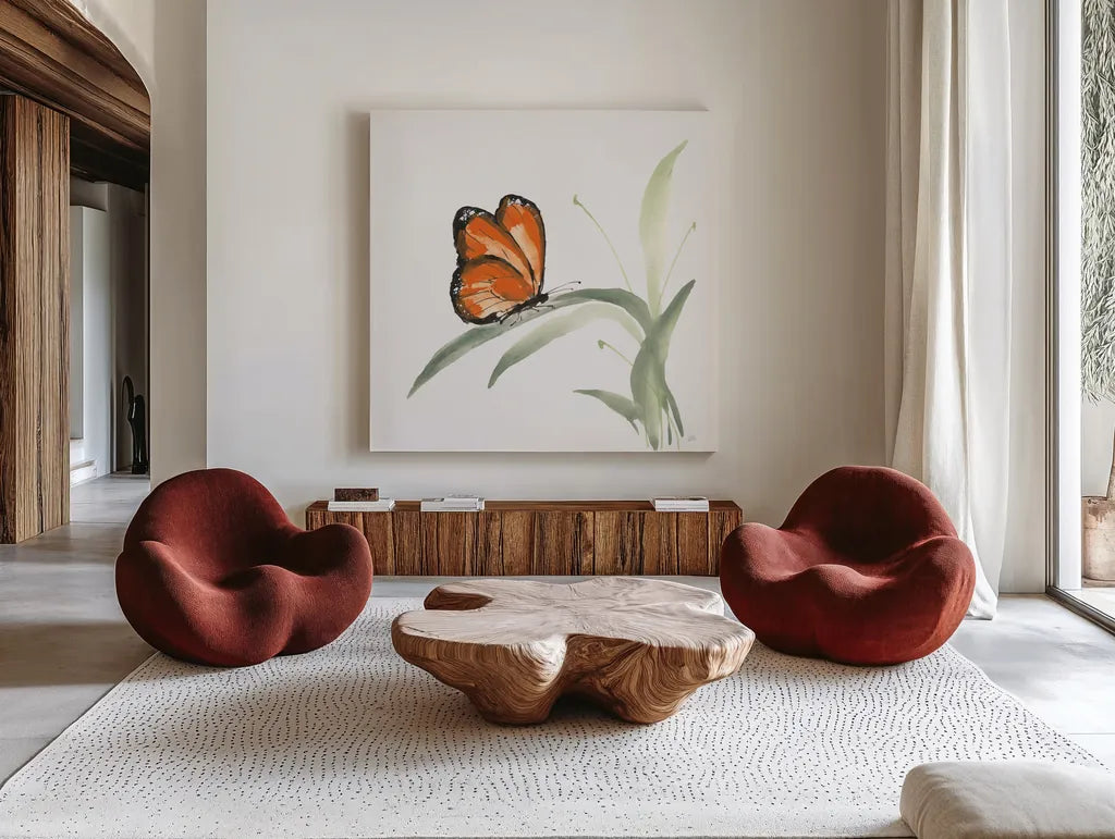 Butterfly Orange II by Chris Paschke. Shown as extra-large giant wall art in a modern living room. Available as an archival giclee rolled canvas, fine art paper, or poster print. SKU 100069a.