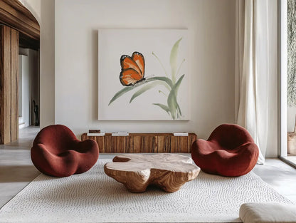 Butterfly Orange II by Chris Paschke. Shown as extra-large giant wall art in a modern living room. Available as an archival giclee rolled canvas, fine art paper, or poster print. SKU 100069a.