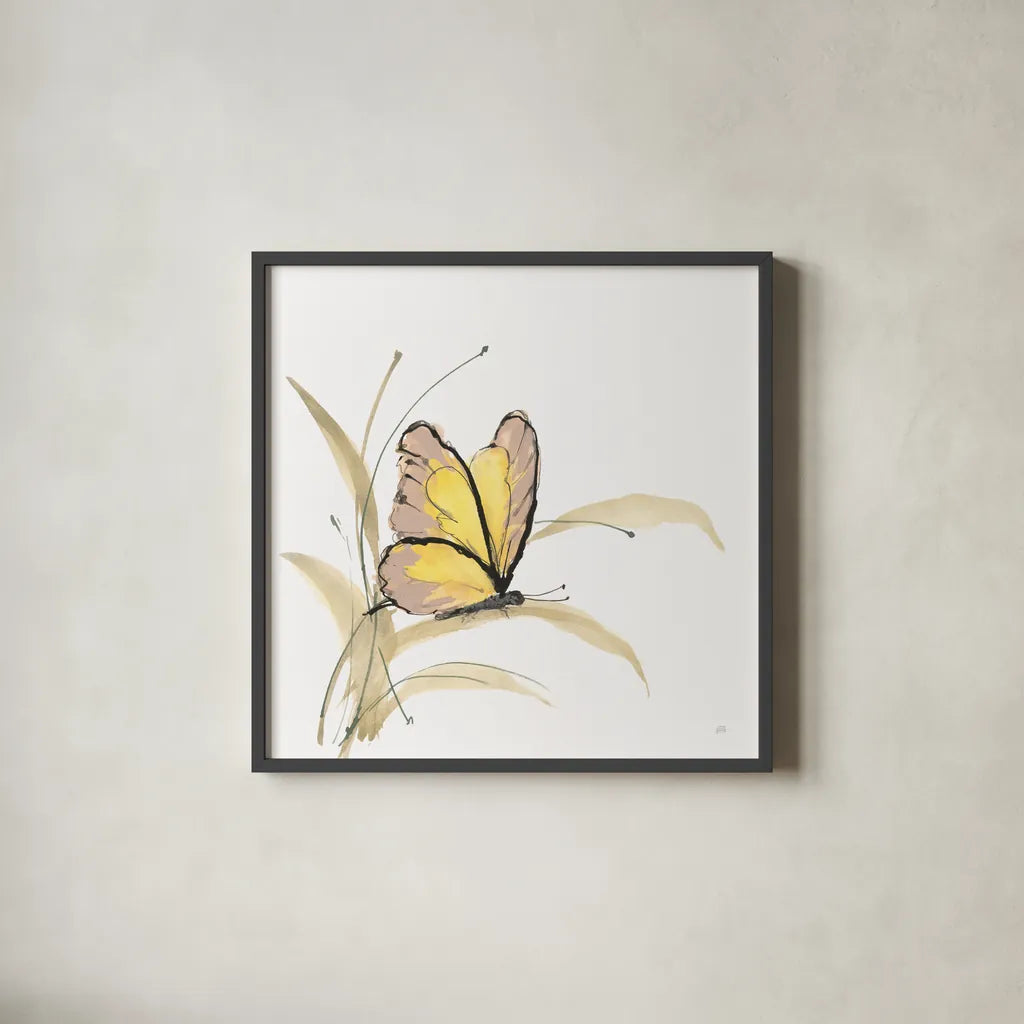 Butterfly Yellow I by Chris Paschke. Shown in a sleek black glass frame for a contemporary gallery look. Available as an archival giclee rolled canvas, fine art paper, or poster print. SKU 100070a.