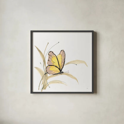 Butterfly Yellow I by Chris Paschke. Shown in a sleek black glass frame for a contemporary gallery look. Available as an archival giclee rolled canvas, fine art paper, or poster print. SKU 100070a.