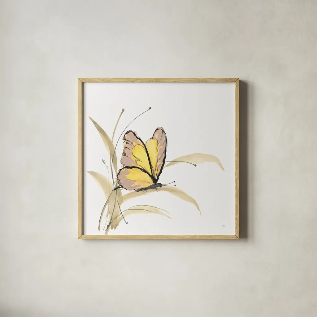 Butterfly Yellow I by Chris Paschke. Shown in a natural wood glass frame for a timeless modern aesthetic. Available as an archival giclee rolled canvas, fine art paper, or poster print. SKU 100070a.