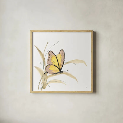 Butterfly Yellow I by Chris Paschke. Shown in a natural wood glass frame for a timeless modern aesthetic. Available as an archival giclee rolled canvas, fine art paper, or poster print. SKU 100070a.