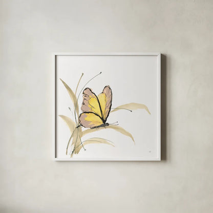 Butterfly Yellow I by Chris Paschke. Shown in a crisp white glass frame for a clean and minimalist style. Available as an archival giclee rolled canvas, fine art paper, or poster print. SKU 100070a.