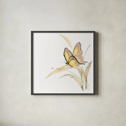Butterfly Yellow II by Chris Paschke. Shown in a sleek black glass frame for a contemporary gallery look. Available as an archival giclee rolled canvas, fine art paper, or poster print. SKU 100071a.