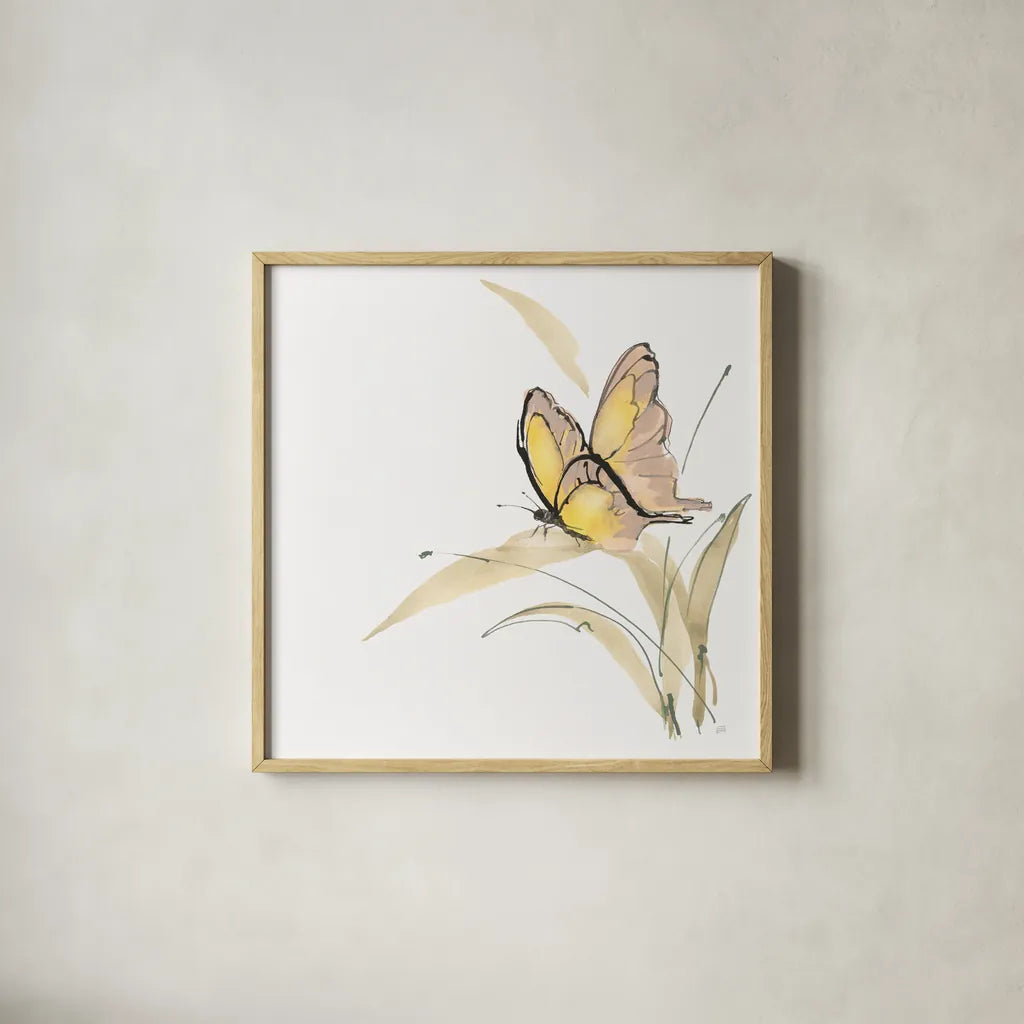 Butterfly Yellow II by Chris Paschke. Shown in a natural wood glass frame for a timeless modern aesthetic. Available as an archival giclee rolled canvas, fine art paper, or poster print. SKU 100071a.