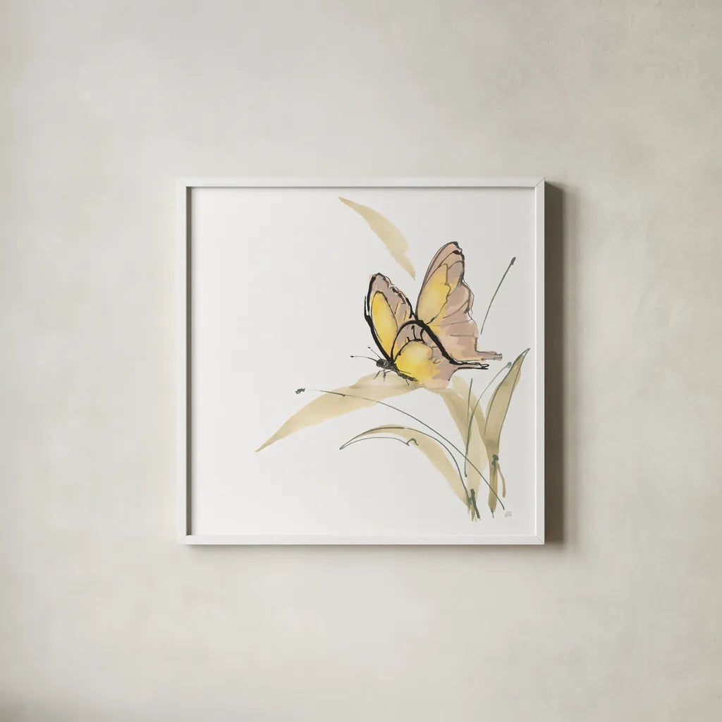 Butterfly Yellow II by Chris Paschke. Shown in a crisp white glass frame for a clean and minimalist style. Available as an archival giclee rolled canvas, fine art paper, or poster print. SKU 100071a.