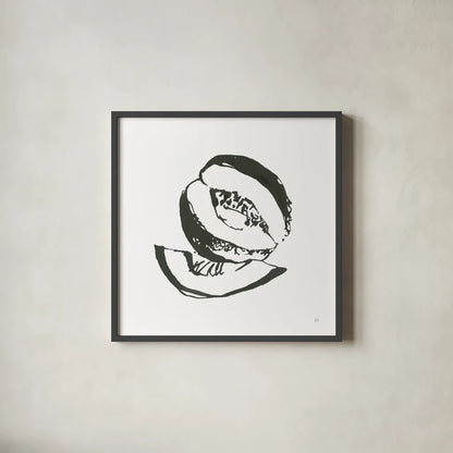 Cantaloupe I BW by Chris Paschke. Shown in a sleek black glass frame for a contemporary gallery look. Available as an archival giclee rolled canvas, fine art paper, or poster print. SKU 64211a.