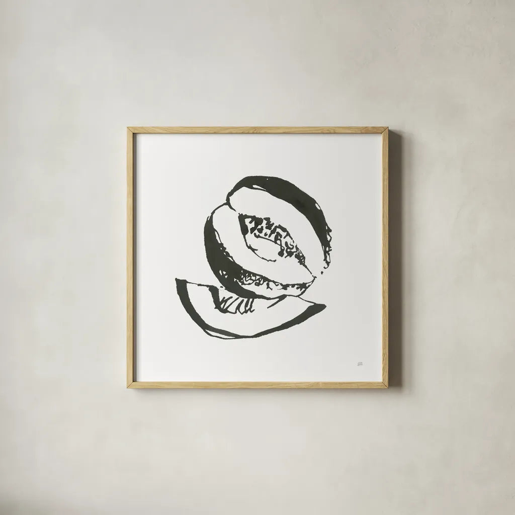 Cantaloupe I BW by Chris Paschke. Shown in a natural wood glass frame for a timeless modern aesthetic. Available as an archival giclee rolled canvas, fine art paper, or poster print. SKU 64211a.