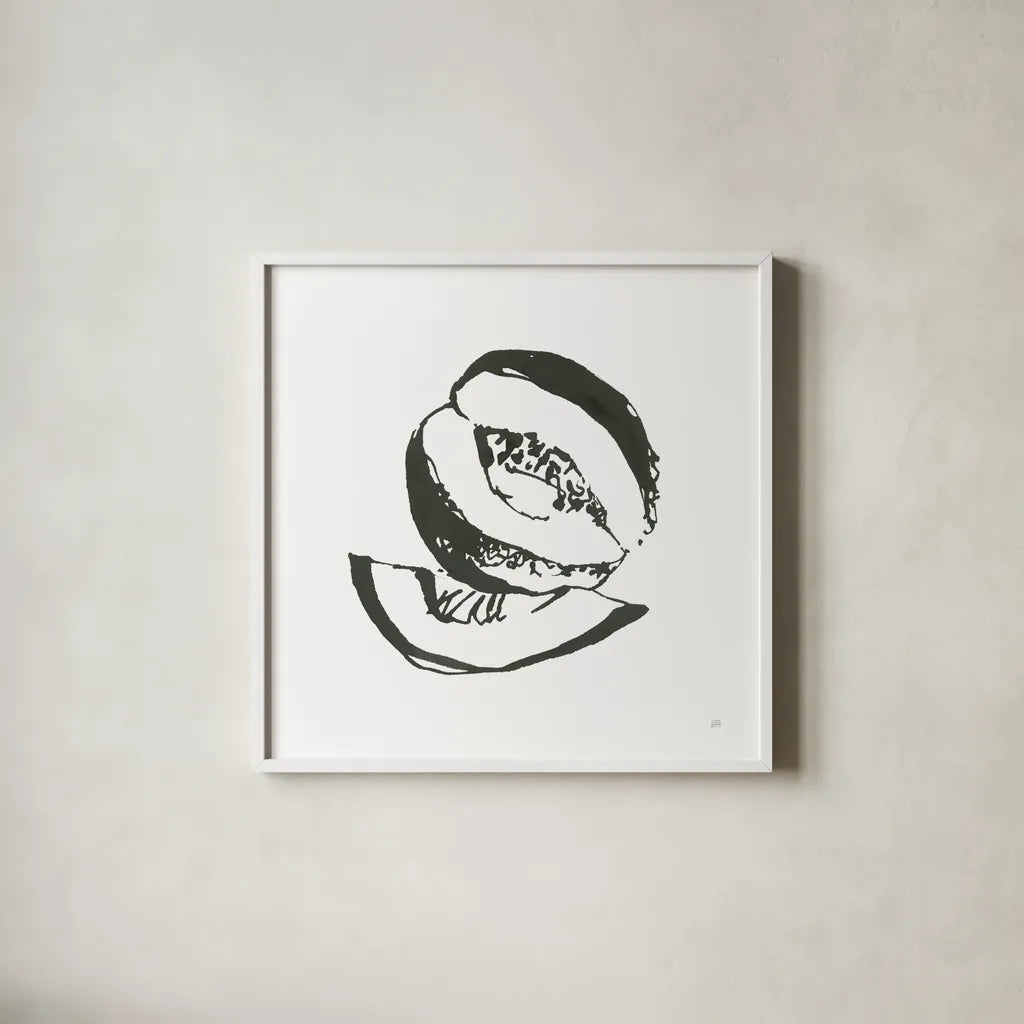 Cantaloupe I BW by Chris Paschke. Shown in a crisp white glass frame for a clean and minimalist style. Available as an archival giclee rolled canvas, fine art paper, or poster print. SKU 64211a.