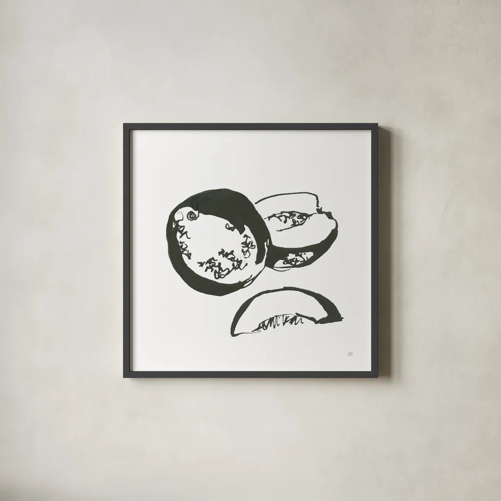 Cantaloupe II BW by Chris Paschke. Shown in a sleek black glass frame for a contemporary gallery look. Available as an archival giclee rolled canvas, fine art paper, or poster print. SKU 64212a.