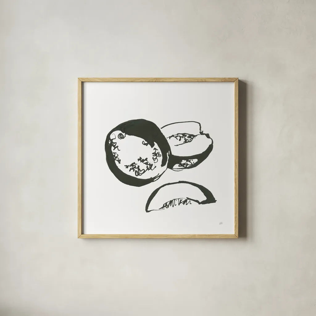 Cantaloupe II BW by Chris Paschke. Shown in a natural wood glass frame for a timeless modern aesthetic. Available as an archival giclee rolled canvas, fine art paper, or poster print. SKU 64212a.