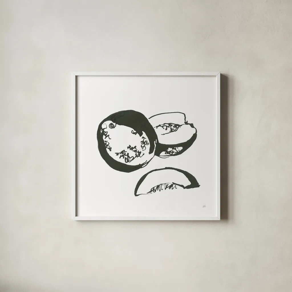 Cantaloupe II BW by Chris Paschke. Shown in a crisp white glass frame for a clean and minimalist style. Available as an archival giclee rolled canvas, fine art paper, or poster print. SKU 64212a.