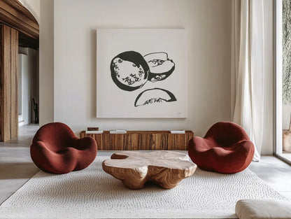 Cantaloupe II BW by Chris Paschke. Shown as extra-large giant wall art in a modern living room. Available as an archival giclee rolled canvas, fine art paper, or poster print. SKU 64212a.
