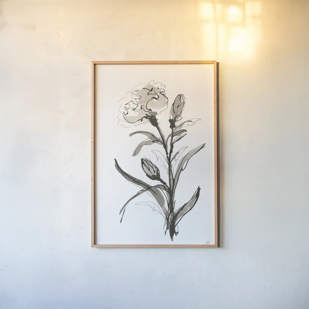 Carnation I by Chris Paschke. shown as a paper print in a natural frame. Available as a archival giclee rolled canvas, fine art paper, or poster print. SKU 74370h.