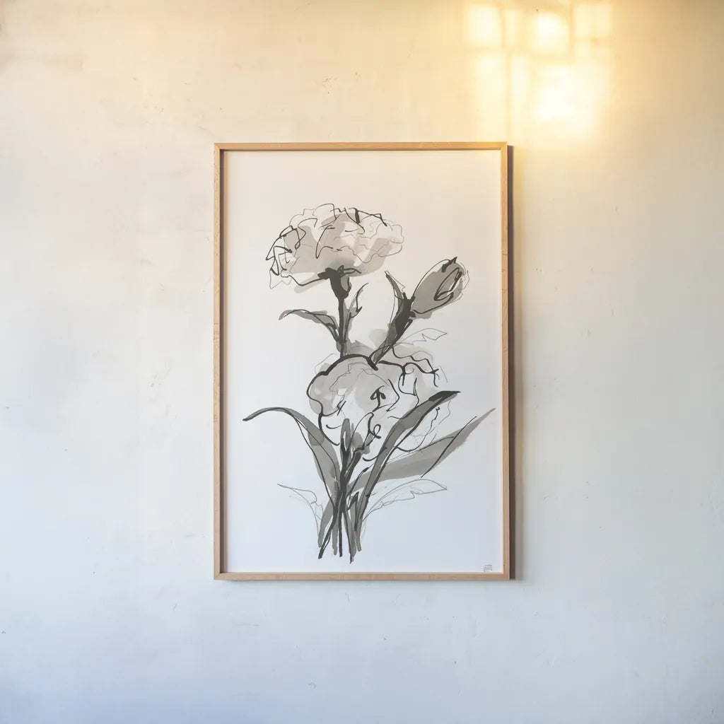 Carnation II by Chris Paschke. shown as a paper print in a natural frame. Available as a archival giclee rolled canvas, fine art paper, or poster print. SKU 74371h.