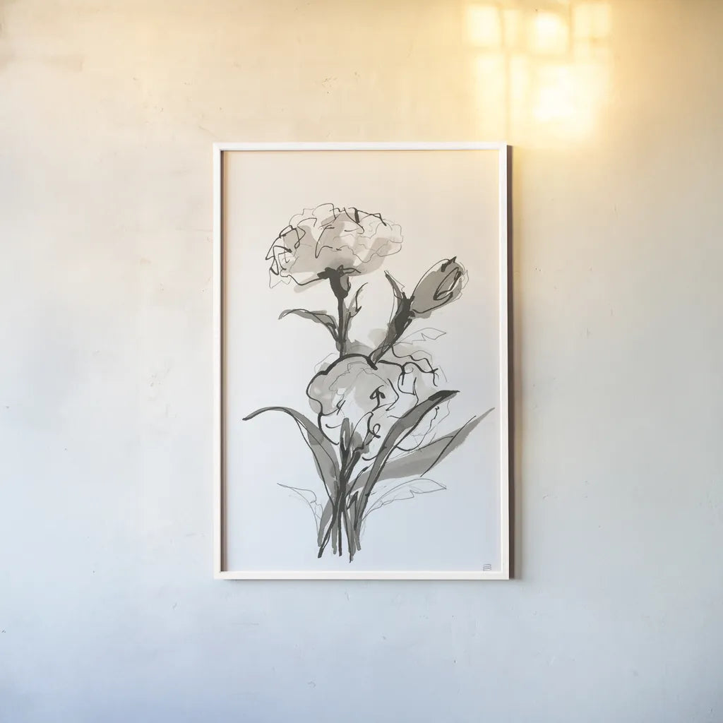 Carnation II by Chris Paschke. shown as a paper print in a white frame. Available as a archival giclee rolled canvas, fine art paper, or poster print. SKU 74371h.