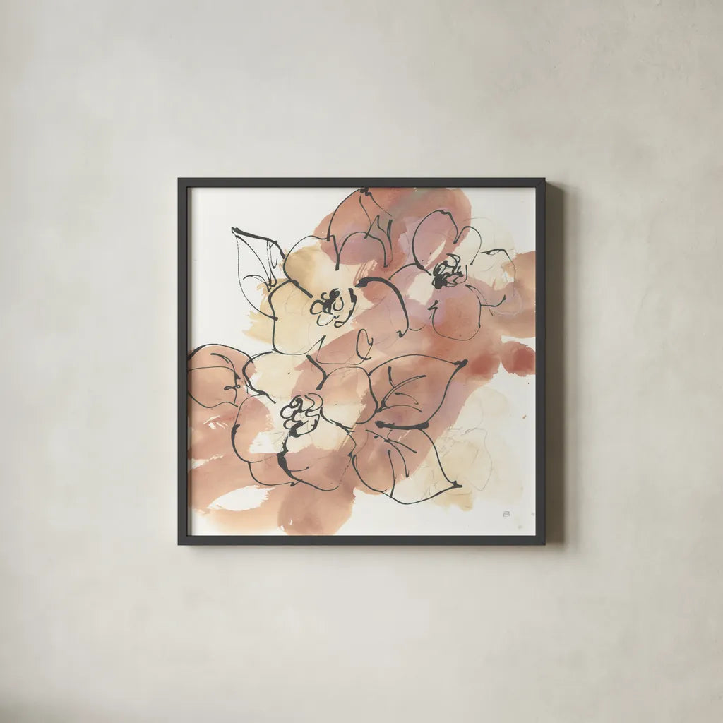 Cashmere Florals I by Chris Paschke. Shown in a sleek black glass frame for a contemporary gallery look. Available as an archival giclee rolled canvas, fine art paper, or poster print. SKU 75928a.