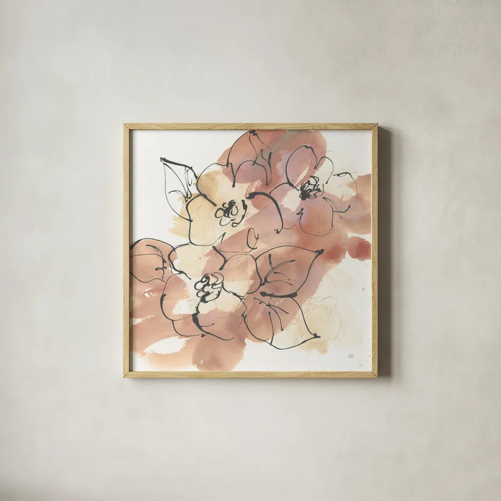 Cashmere Florals I by Chris Paschke. Shown in a natural wood glass frame for a timeless modern aesthetic. Available as an archival giclee rolled canvas, fine art paper, or poster print. SKU 75928a.