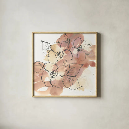 Cashmere Florals I by Chris Paschke. Shown in a natural wood glass frame for a timeless modern aesthetic. Available as an archival giclee rolled canvas, fine art paper, or poster print. SKU 75928a.