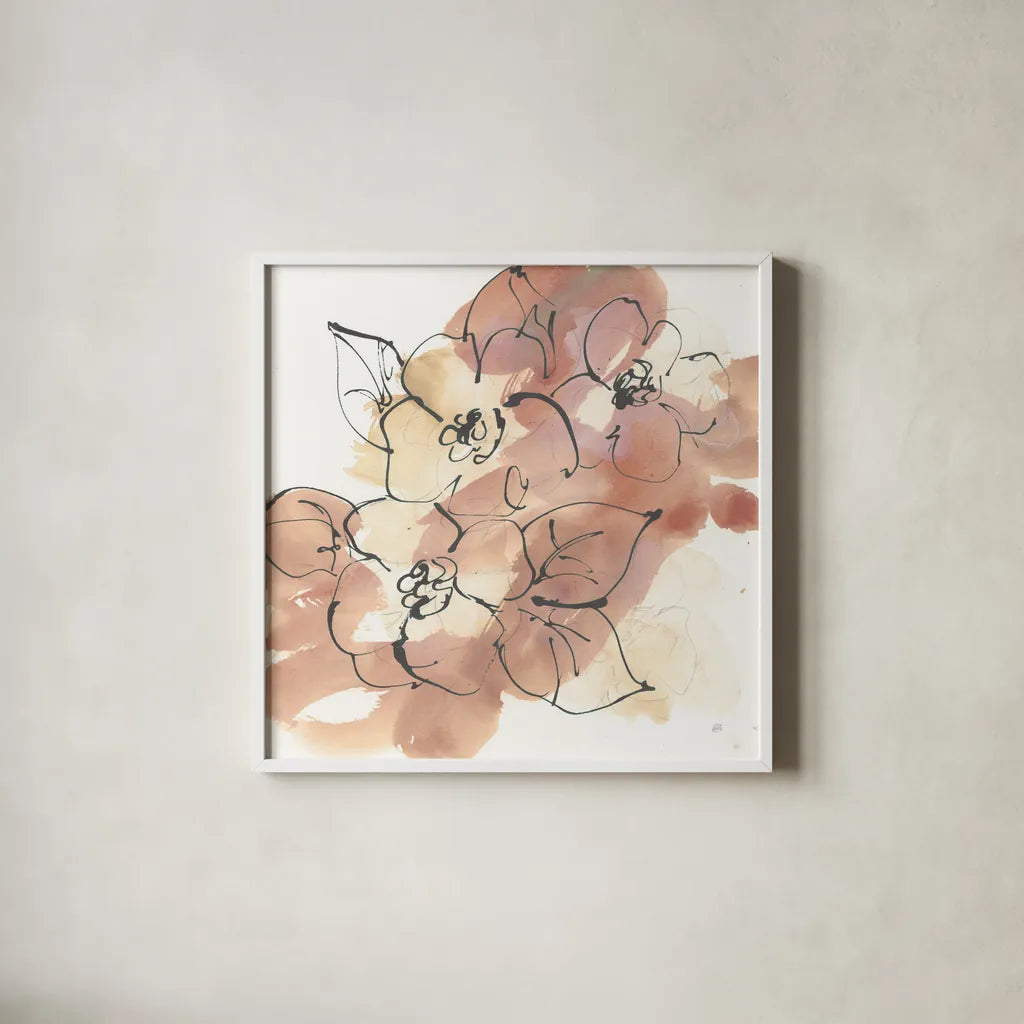 Cashmere Florals I by Chris Paschke. Shown in a crisp white glass frame for a clean and minimalist style. Available as an archival giclee rolled canvas, fine art paper, or poster print. SKU 75928a.